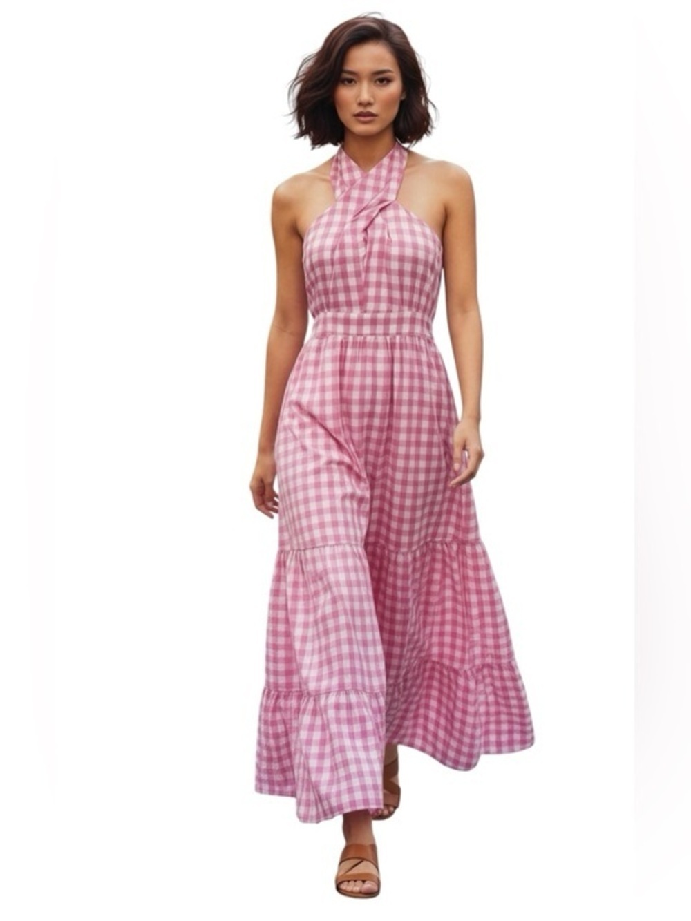 entro Pink Gingham Halter Tiered Maxi Dress